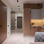 Interior design of spacious kitchen with furniture and appliances and entrance hall in modern apartment